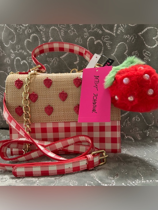 Betsey Johnson Handbags - NWT Betsey Johnson, Mini Red & Cream Gingham Strawberry Crossbody Bag with Charm